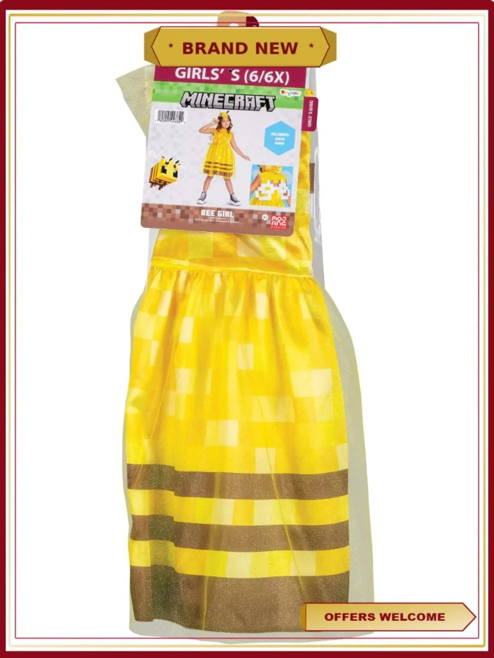 Minecraft Bee Girl Hooded Dress Kids Halloween Costume Size S